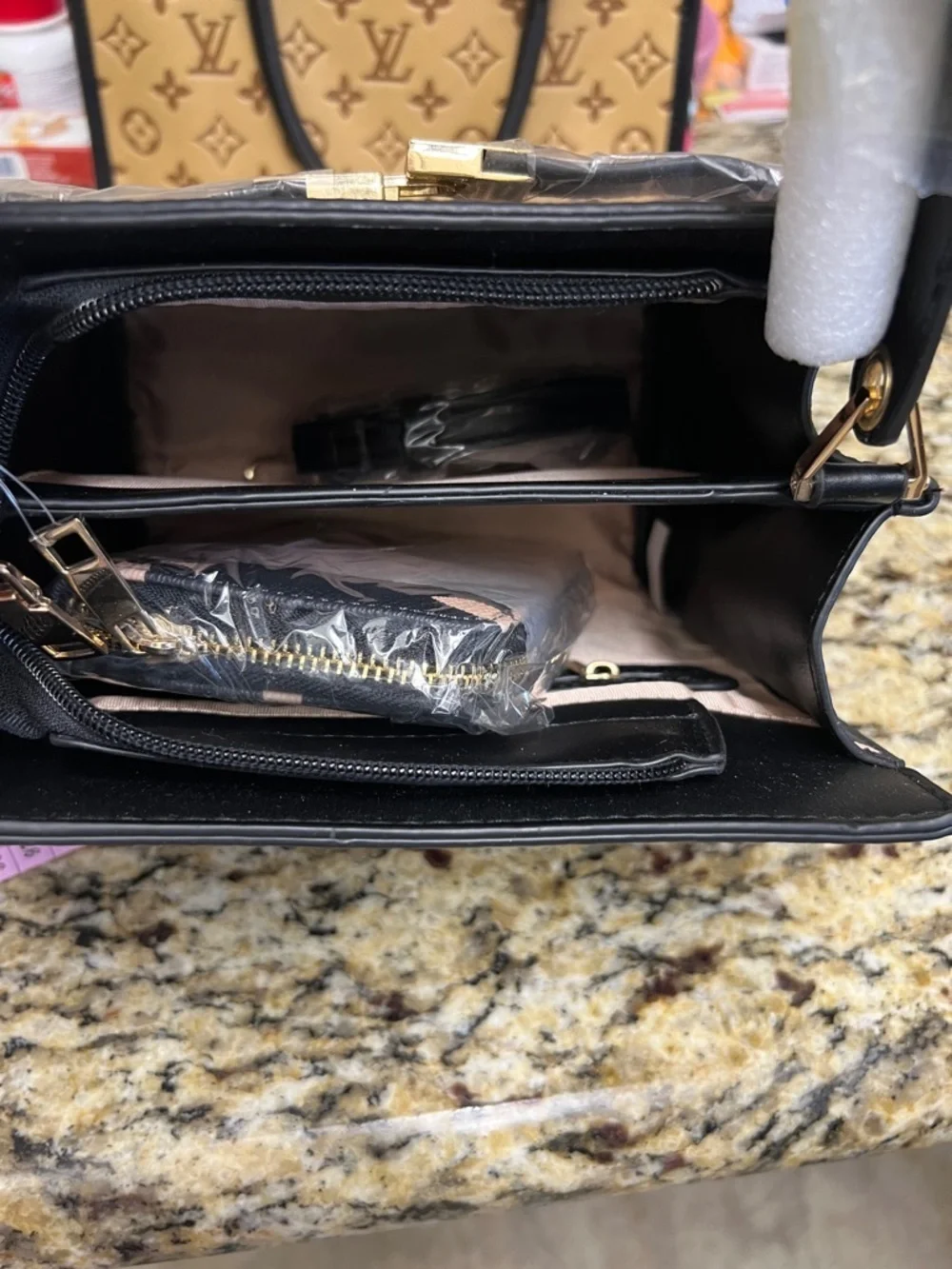 Black & Beige Crossbody Handbag with Matching Wallet – New